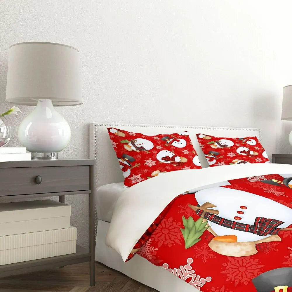 Plaid Snowman Christmas Gift Duvet Cover Set Kids Bedding Set