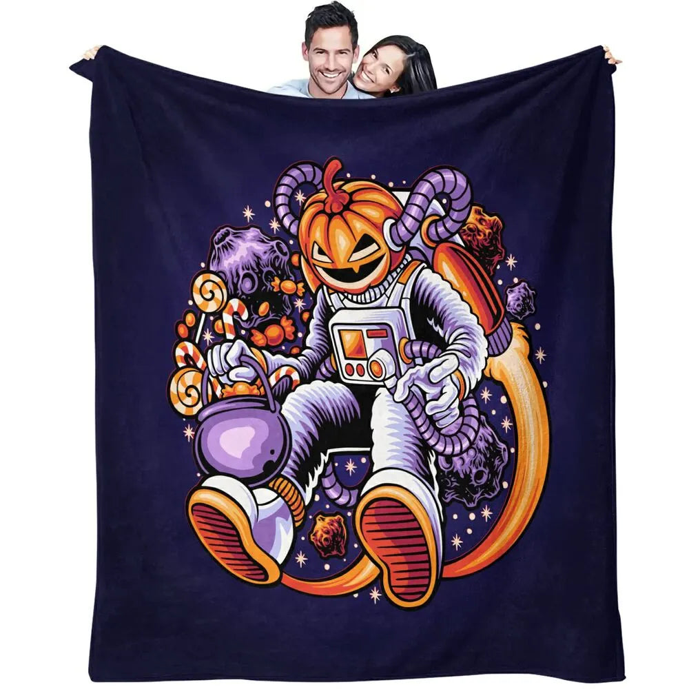 Pumpkin Astronaut with Candy in Space Pattern Multipurpose Throw Blanket