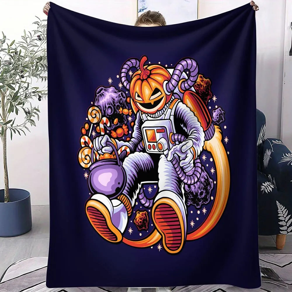 Pumpkin Astronaut with Candy in Space Pattern Multipurpose Throw Blanket
