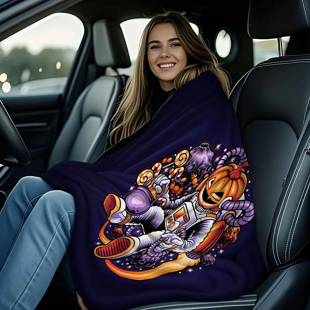Pumpkin Astronaut with Candy in Space Pattern Multipurpose Throw Blanket
