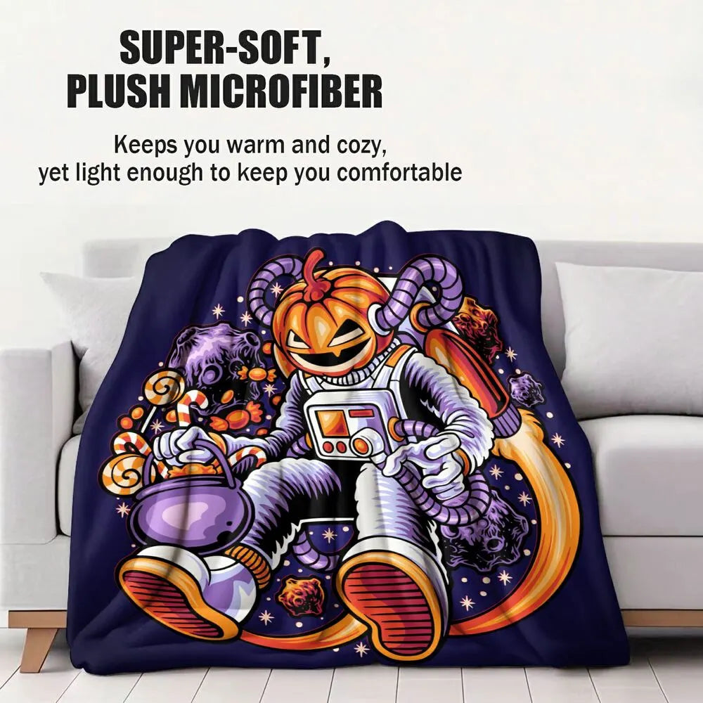 Pumpkin Astronaut with Candy in Space Pattern Multipurpose Throw Blanket