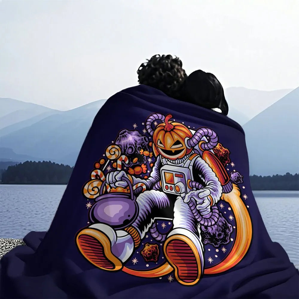 Pumpkin Astronaut with Candy in Space Pattern Multipurpose Throw Blanket