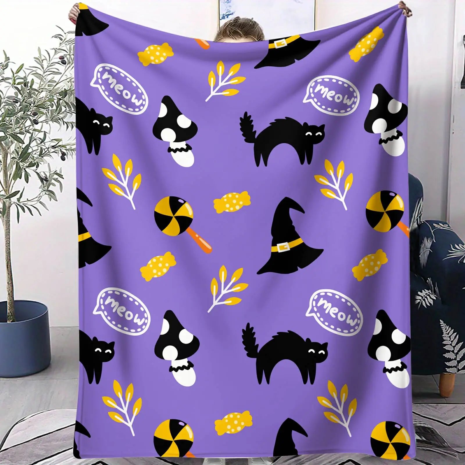 Purple Halloween Black Cat Witch Hat Flannel Throw Blanket