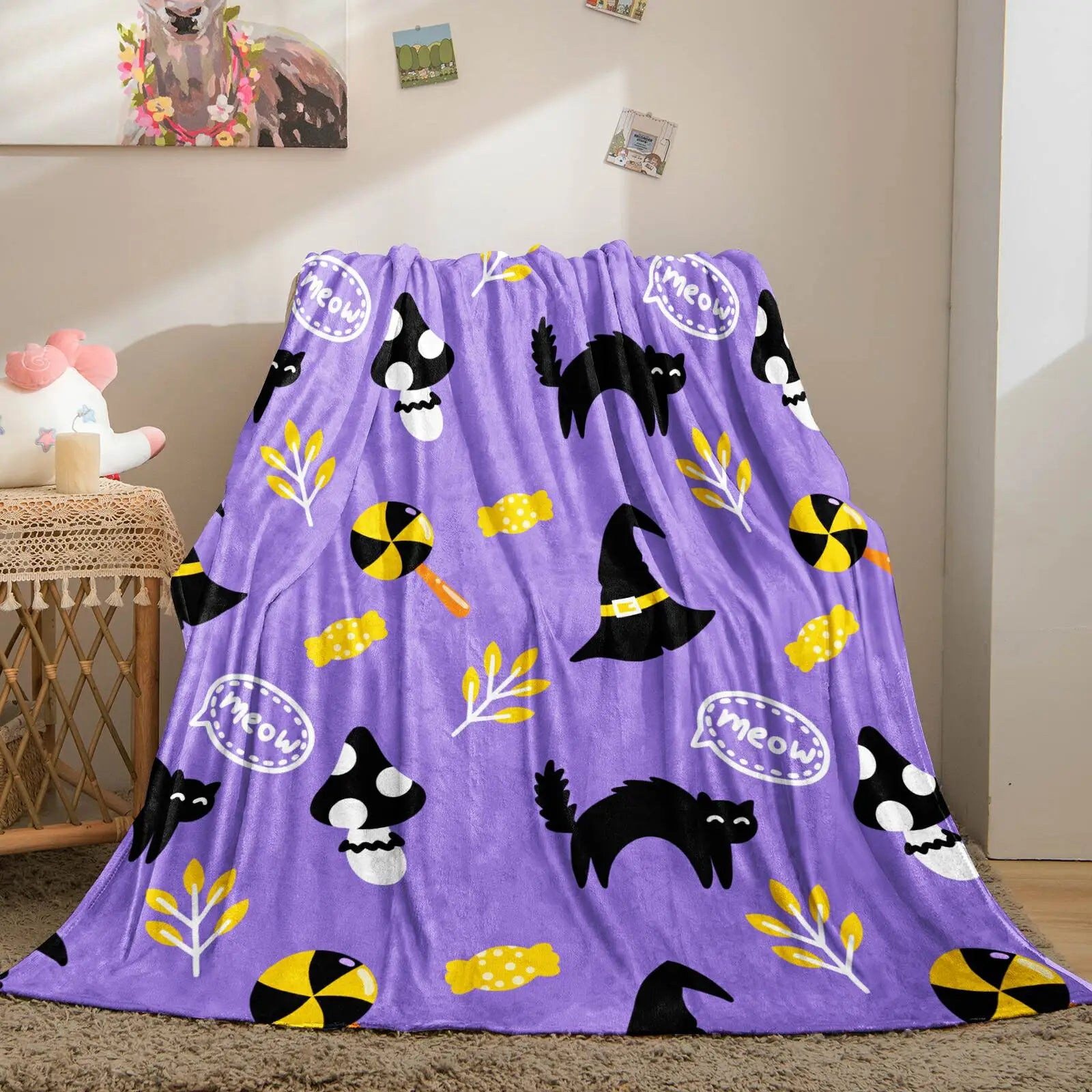 Purple Halloween Black Cat Witch Hat Flannel Throw Blanket