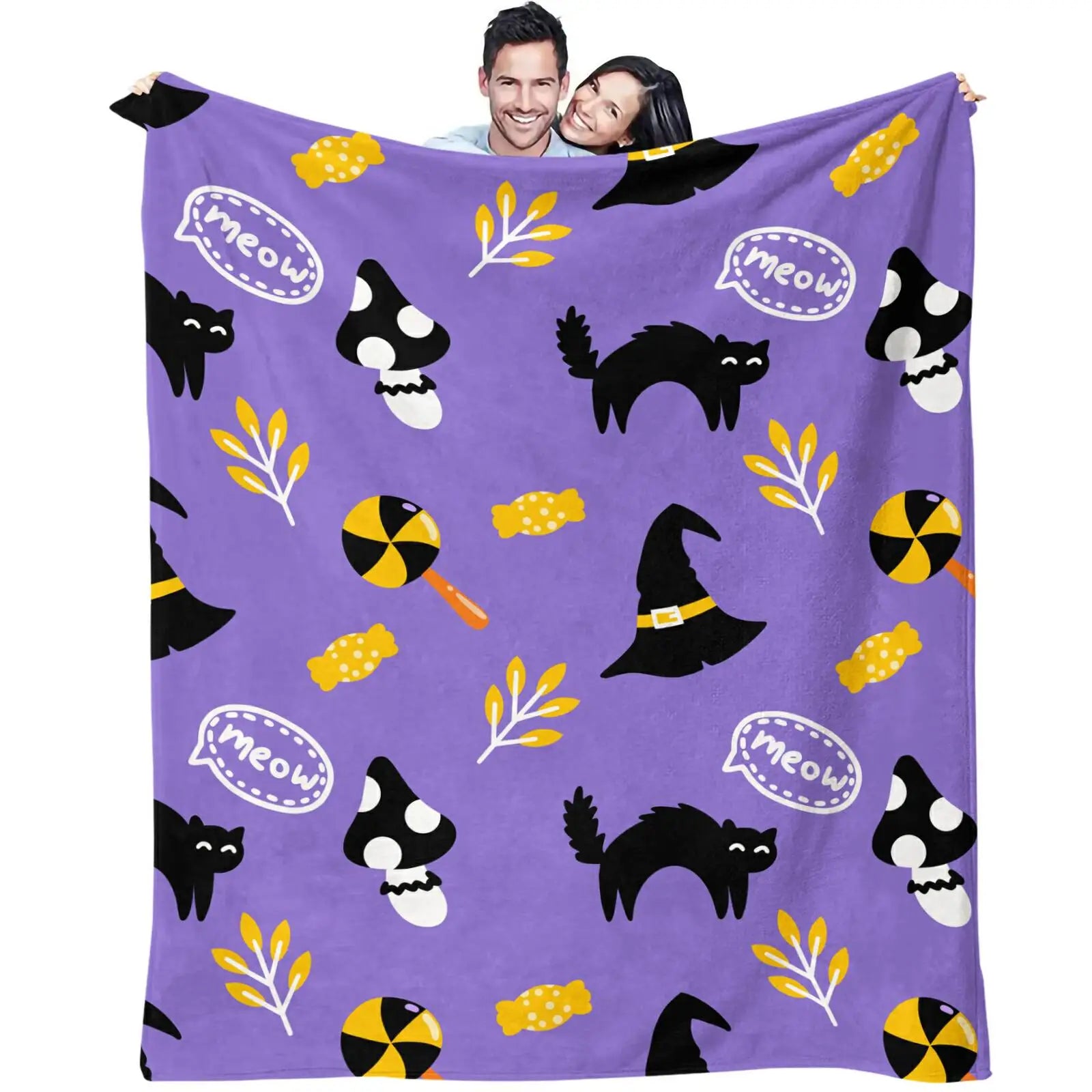Purple Halloween Black Cat Witch Hat Flannel Throw Blanket