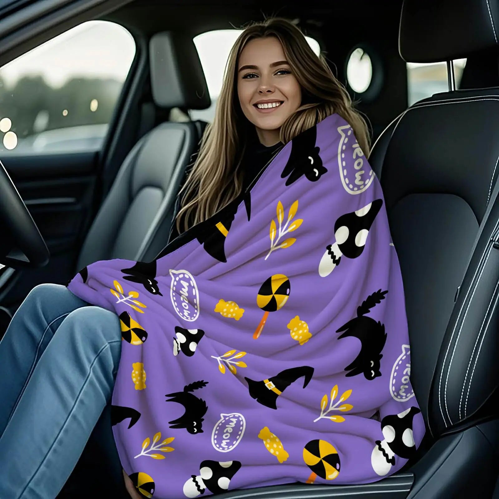 Purple Halloween Black Cat Witch Hat Flannel Throw Blanket