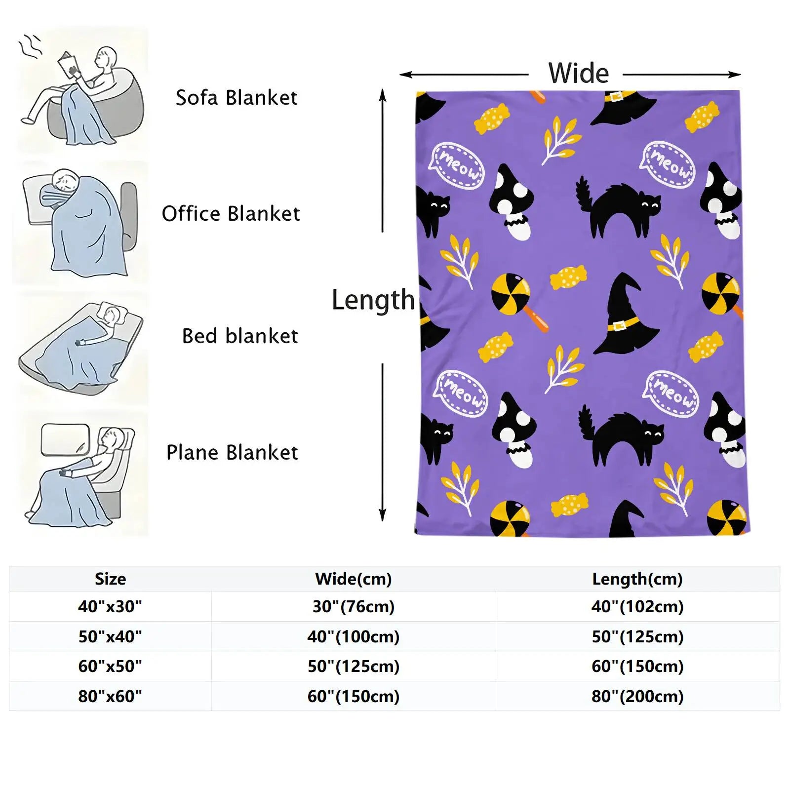 Purple Halloween Black Cat Witch Hat Flannel Throw Blanket