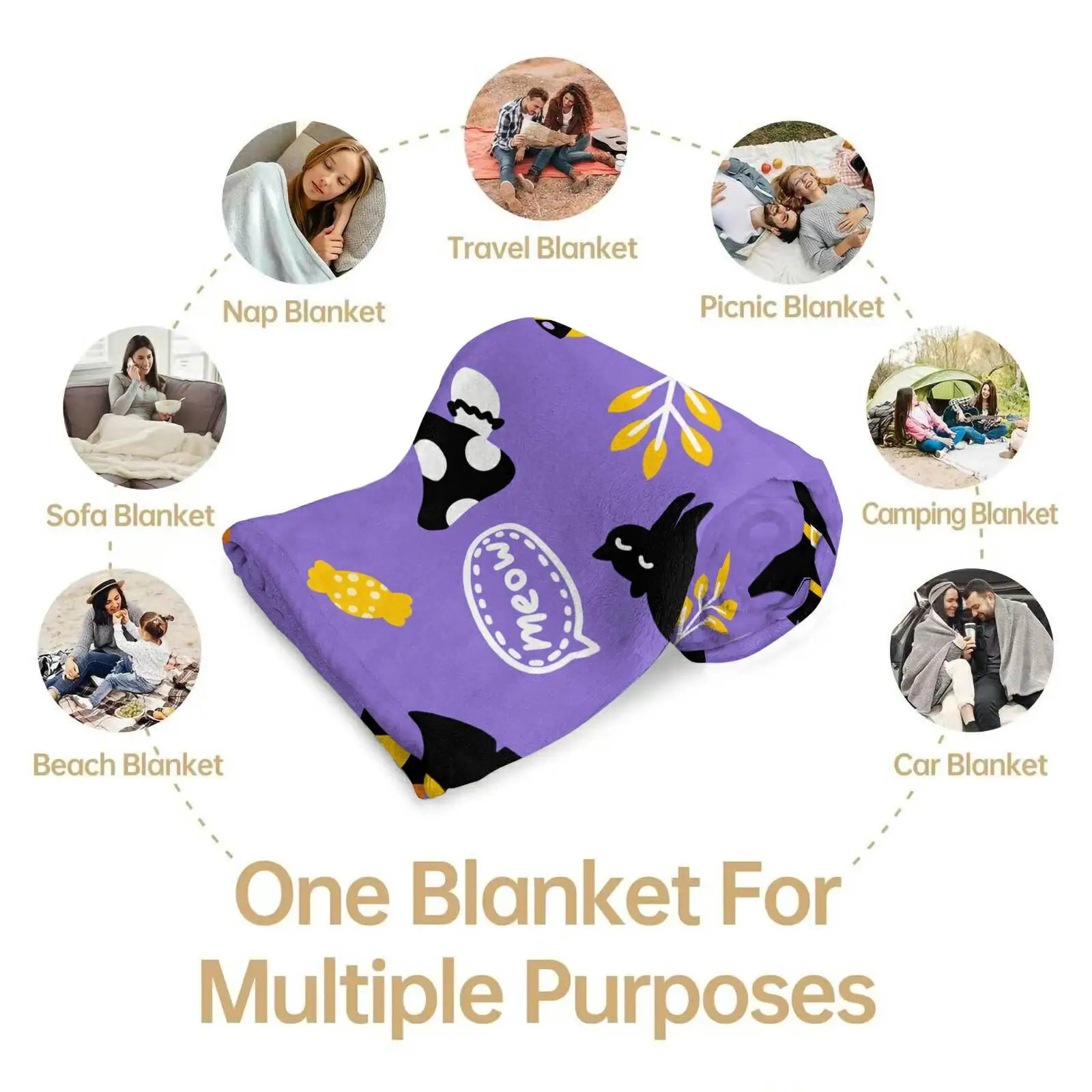 Purple Halloween Black Cat Witch Hat Flannel Throw Blanket