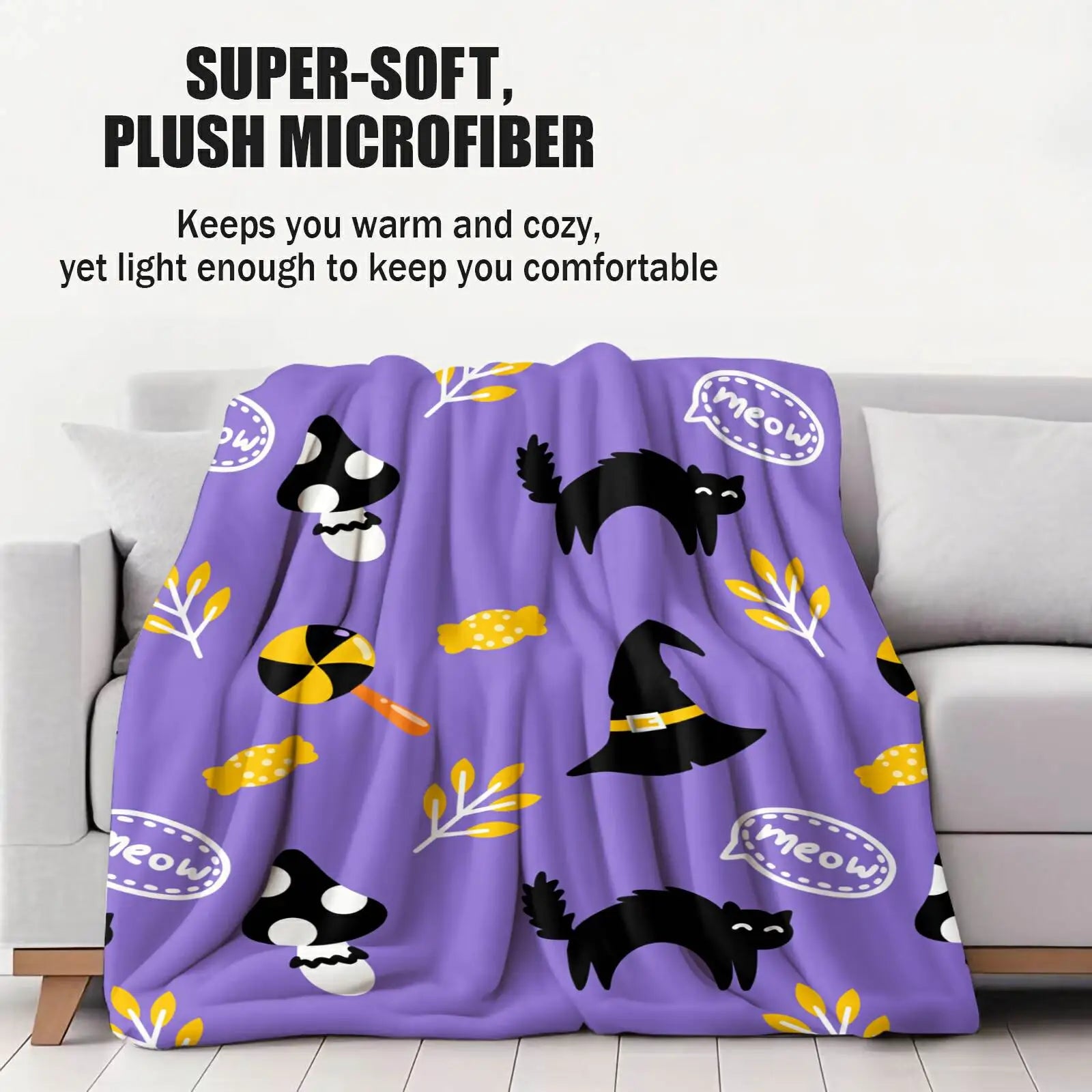 Purple Halloween Black Cat Witch Hat Flannel Throw Blanket