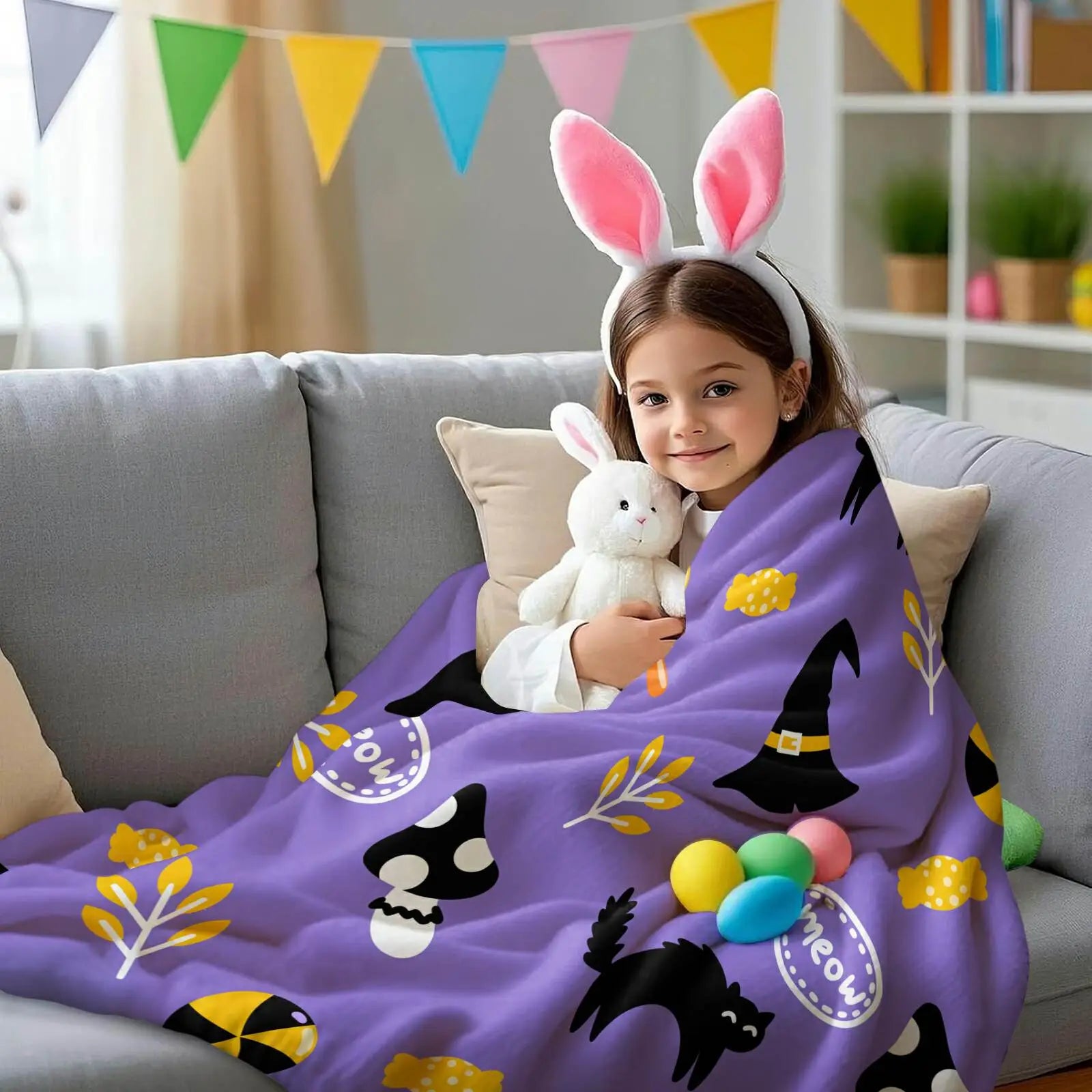 Purple Halloween Black Cat Witch Hat Flannel Throw Blanket