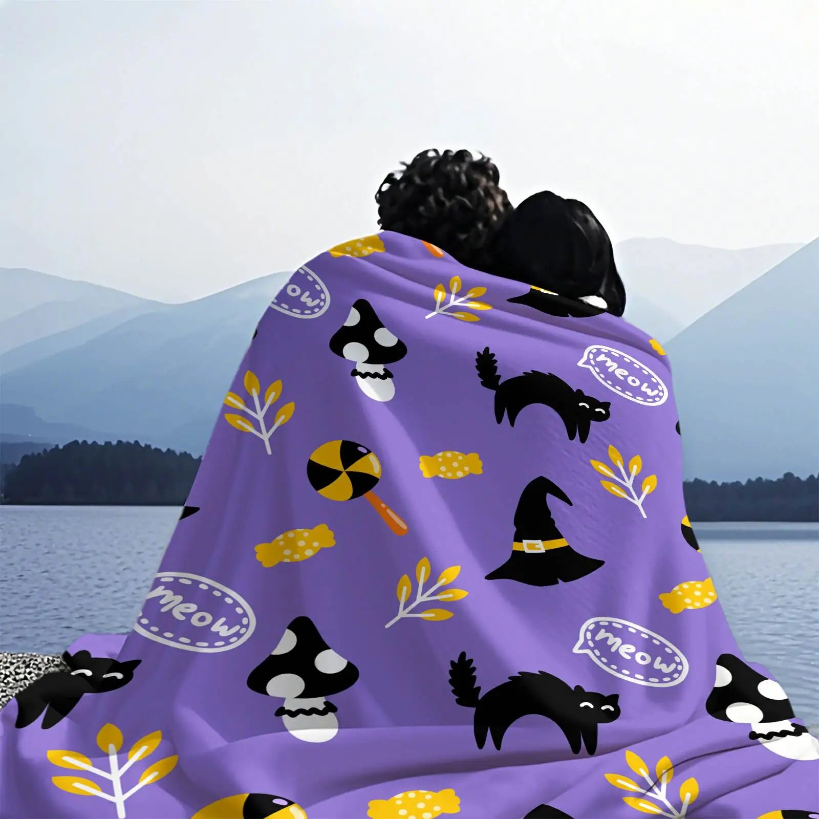 Purple Halloween Black Cat Witch Hat Flannel Throw Blanket