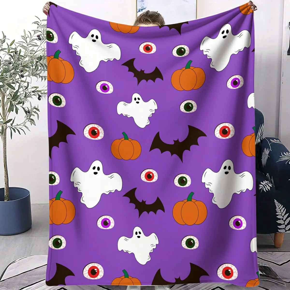 Purple Halloween Ghost Pumpkin Bat Flannel Throw Blanket
