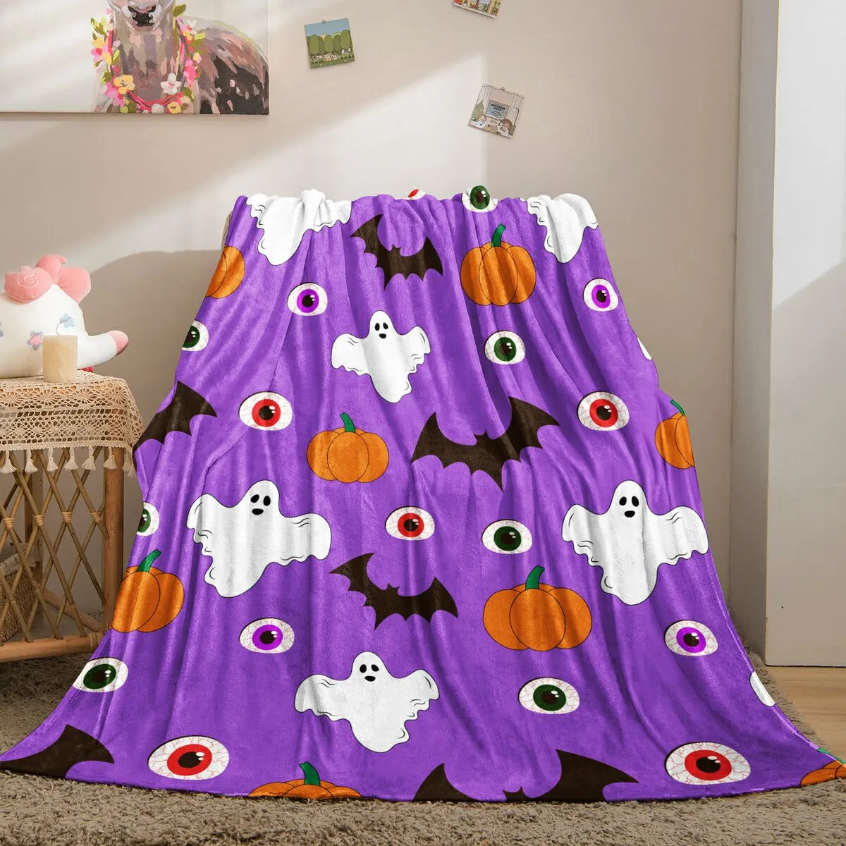 Purple Halloween Ghost Pumpkin Bat Flannel Throw Blanket