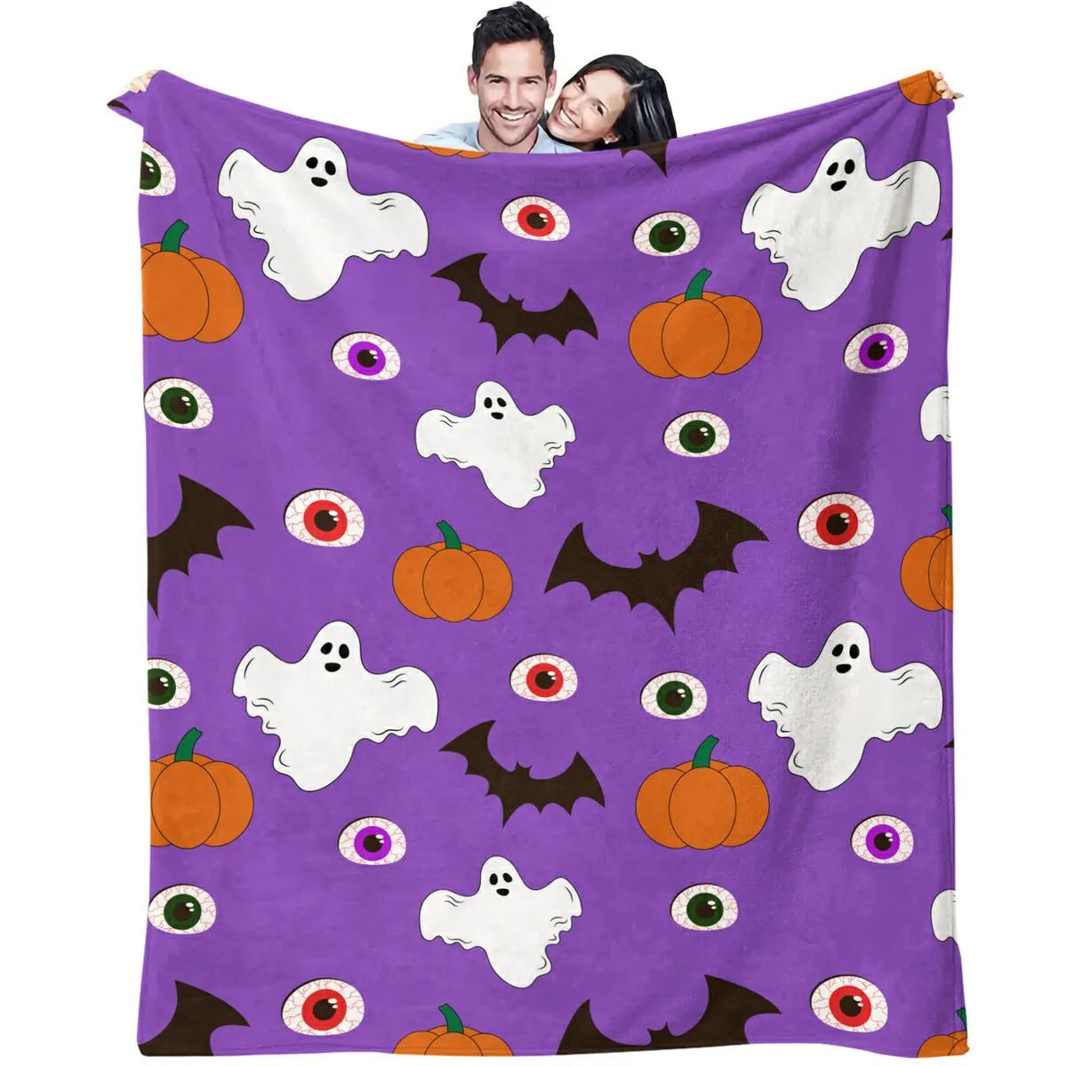 Purple Halloween Ghost Pumpkin Bat Flannel Throw Blanket