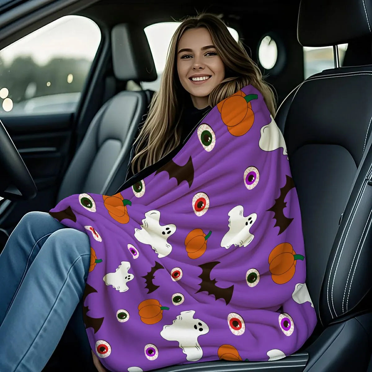 Purple Halloween Ghost Pumpkin Bat Flannel Throw Blanket