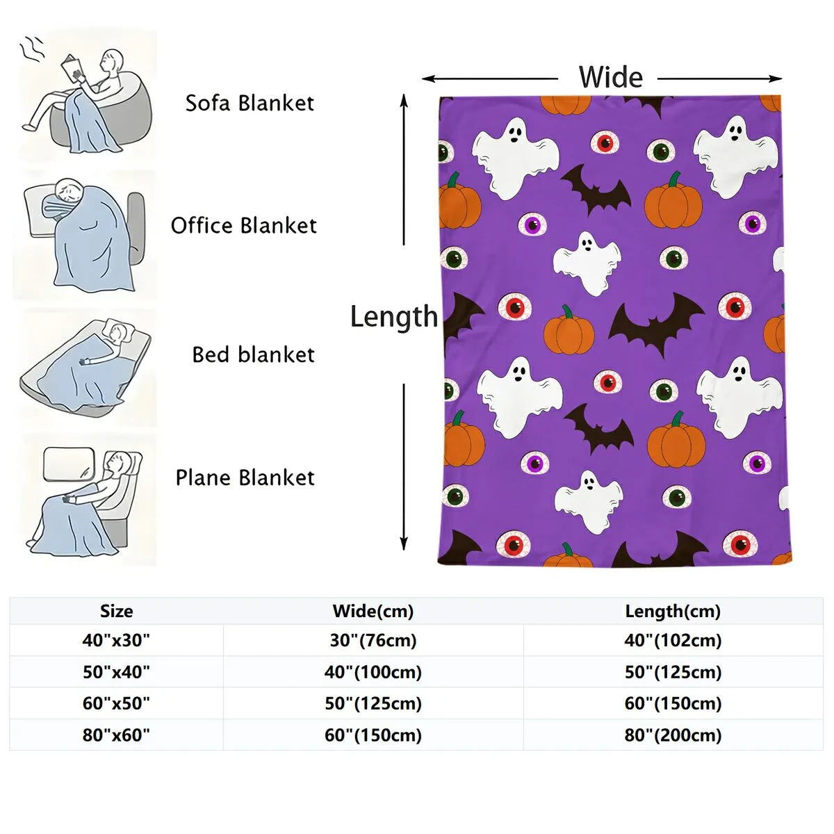 Purple Halloween Ghost Pumpkin Bat Flannel Throw Blanket