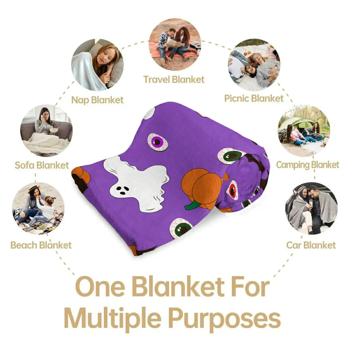 Purple Halloween Ghost Pumpkin Bat Flannel Throw Blanket