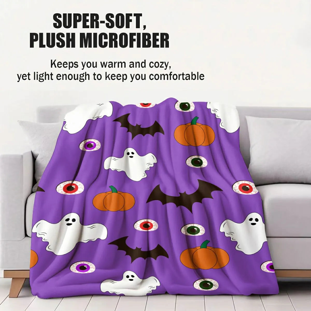Purple Halloween Ghost Pumpkin Bat Flannel Throw Blanket