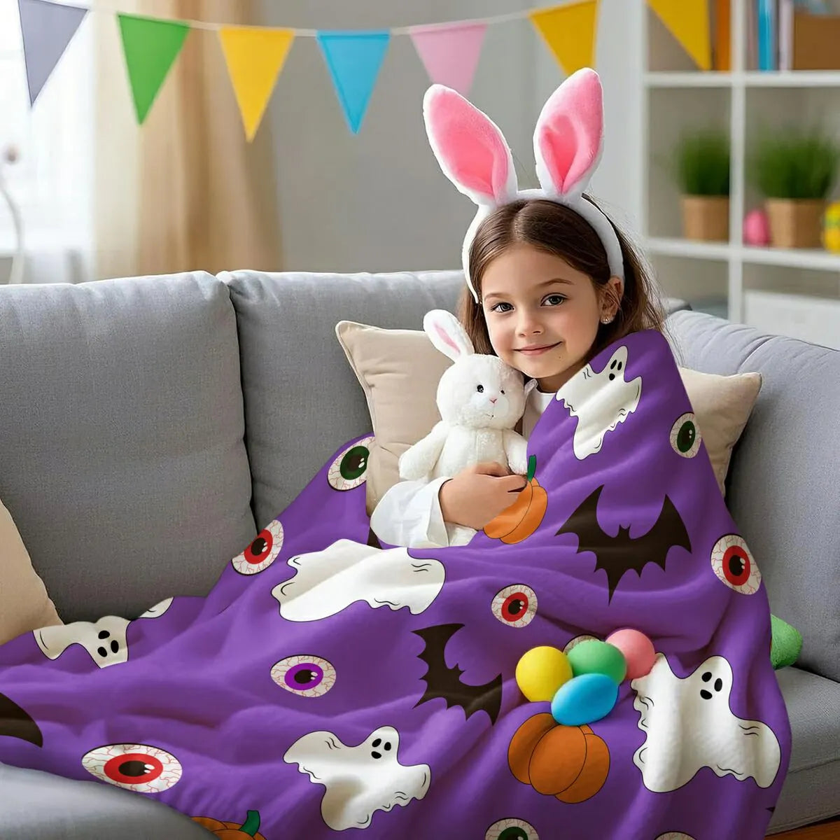 Purple Halloween Ghost Pumpkin Bat Flannel Throw Blanket