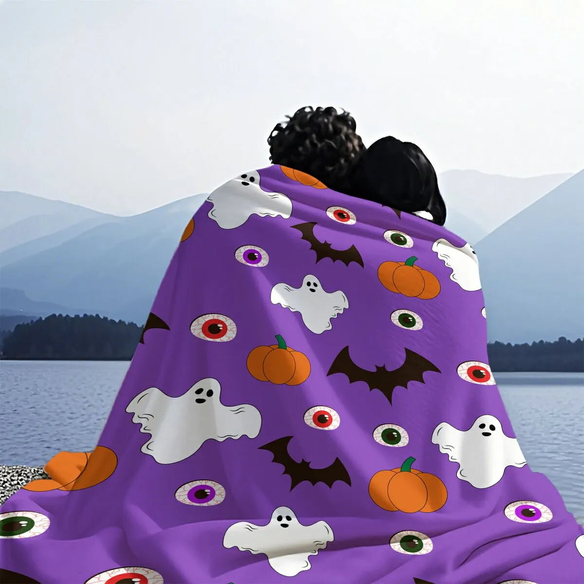 Purple Halloween Ghost Pumpkin Bat Flannel Throw Blanket