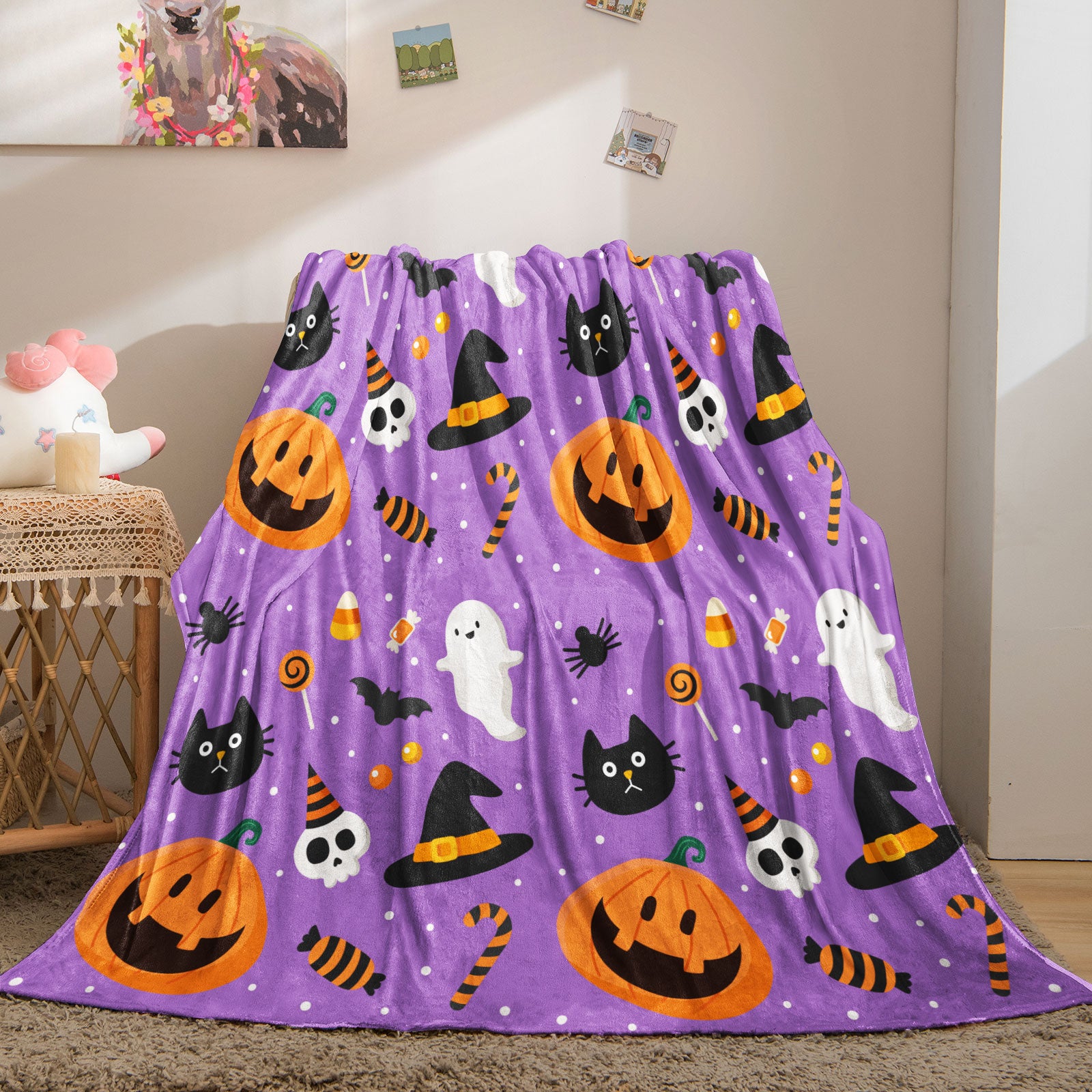 Purple Halloween Pumpkin Ghost Throw Blanket