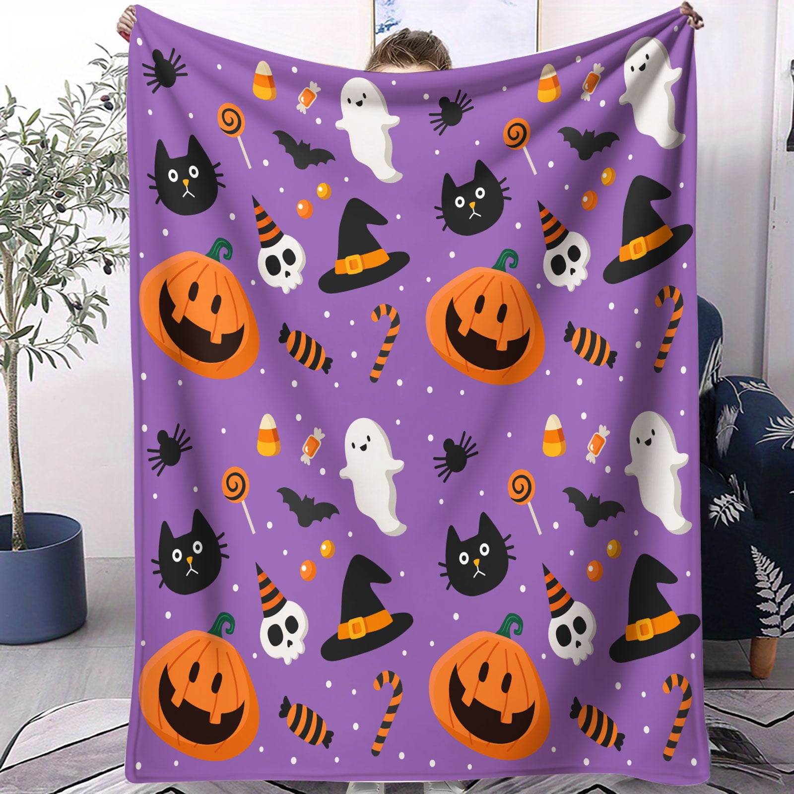 Purple Halloween Pumpkin Ghost Throw Blanket
