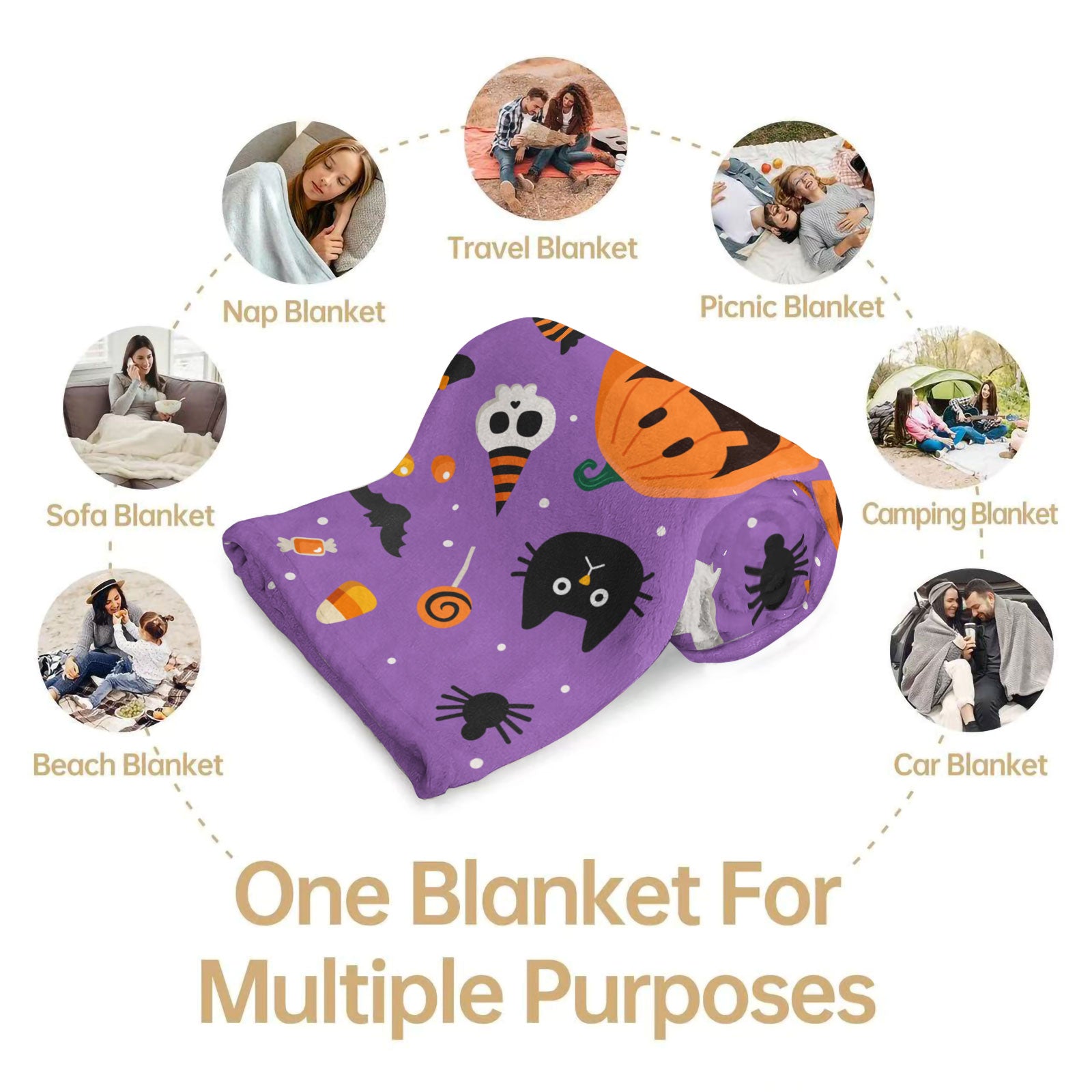 Purple Halloween Pumpkin Ghost Throw Blanket