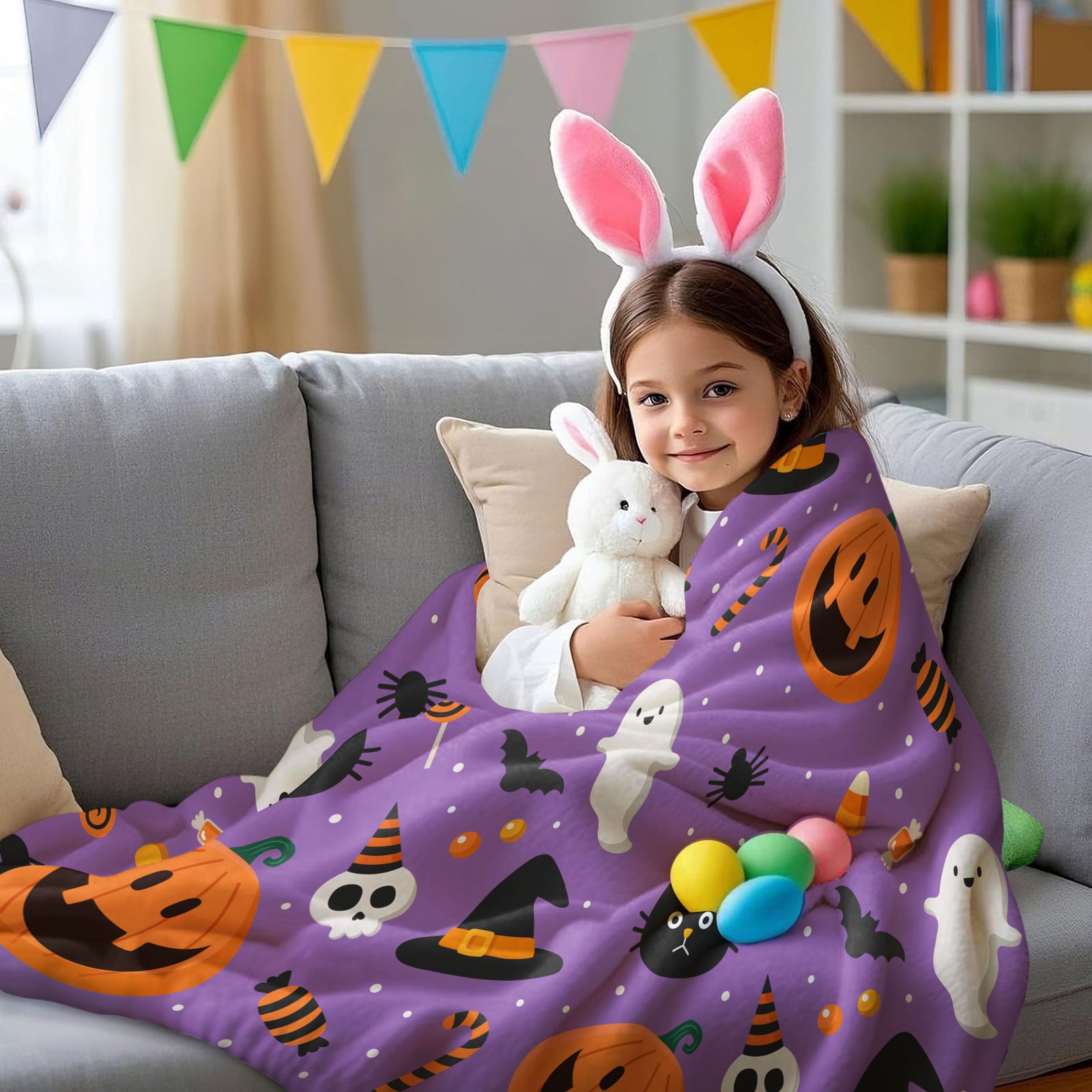 Purple Halloween Pumpkin Ghost Throw Blanket