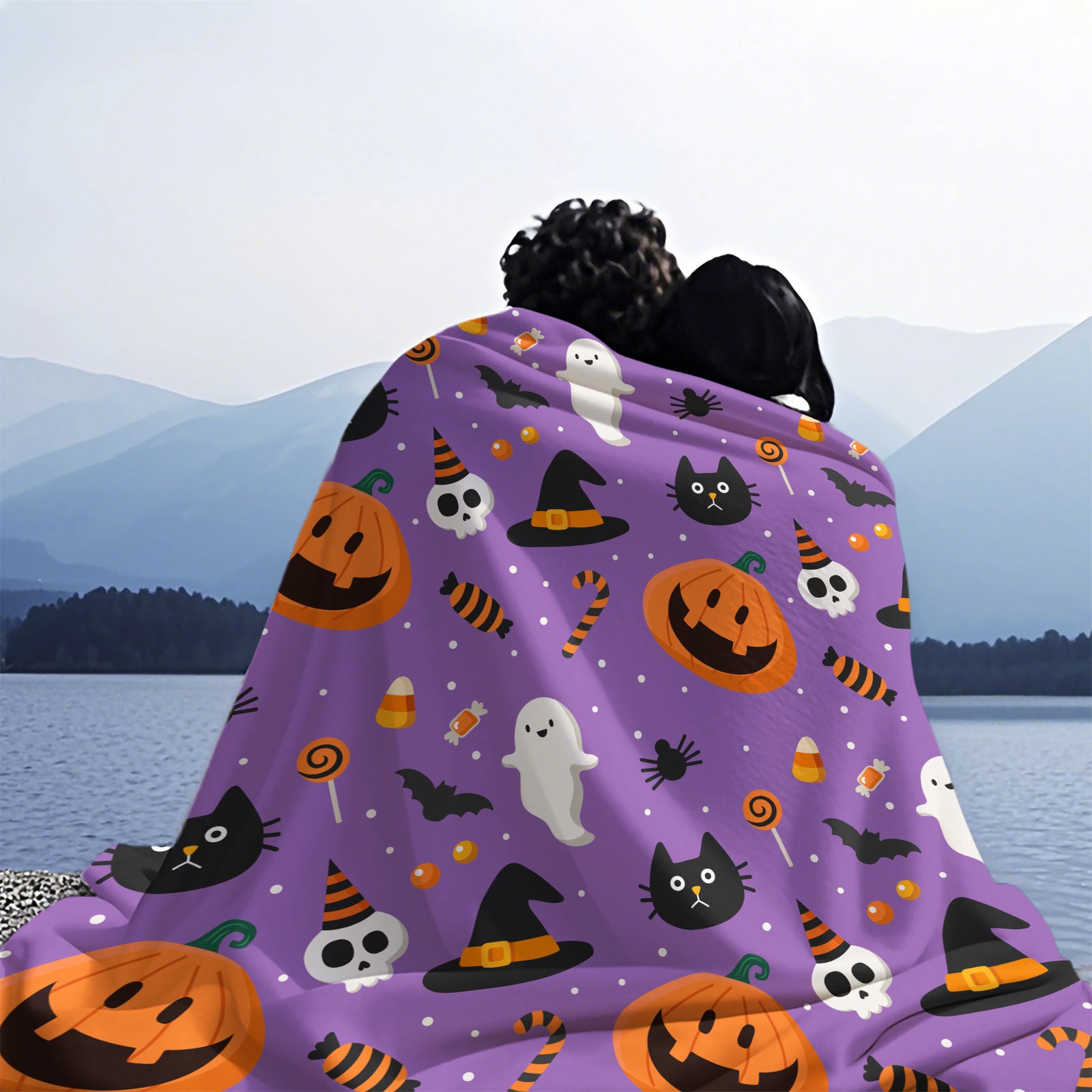 Purple Halloween Pumpkin Ghost Throw Blanket