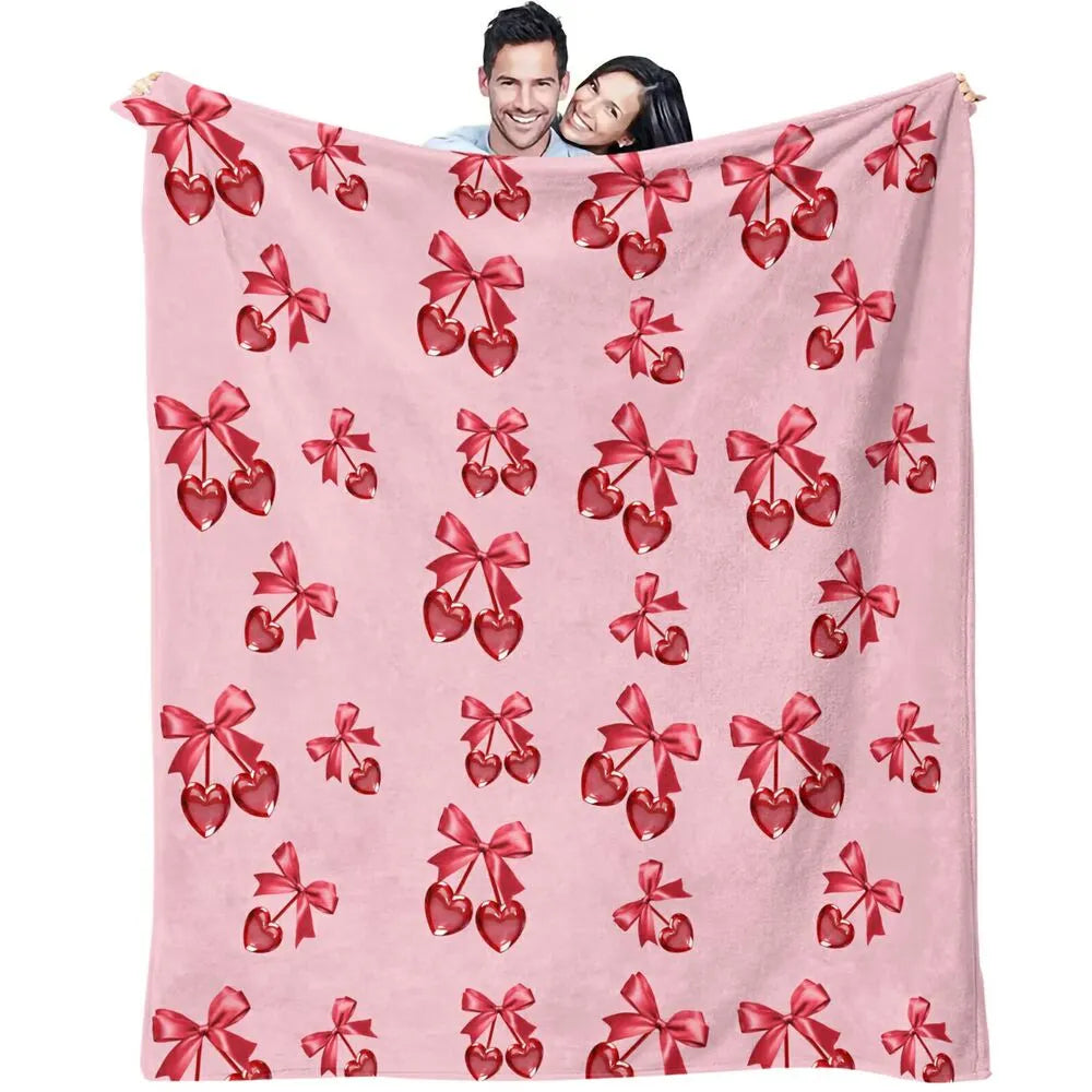 Red Bow and Heart Cherry Pattern Multipurpose Throw Blanket