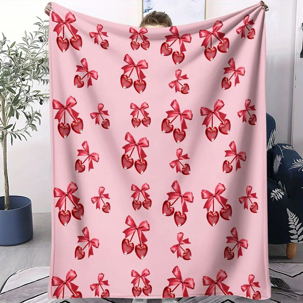 Red Bow and Heart Cherry Pattern Multipurpose Throw Blanket