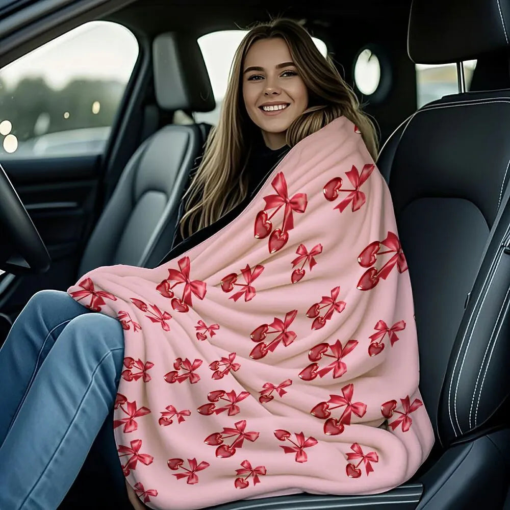 Red Bow and Heart Cherry Pattern Multipurpose Throw Blanket