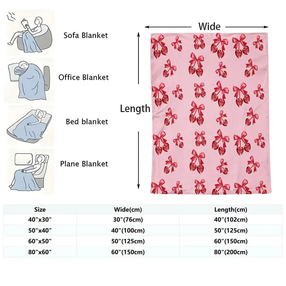 Red Bow and Heart Cherry Pattern Multipurpose Throw Blanket