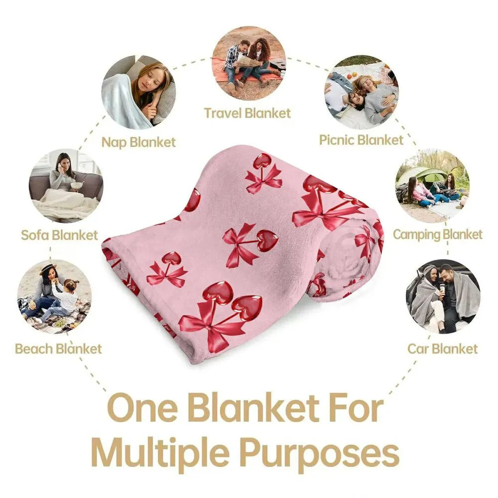 Red Bow and Heart Cherry Pattern Multipurpose Throw Blanket
