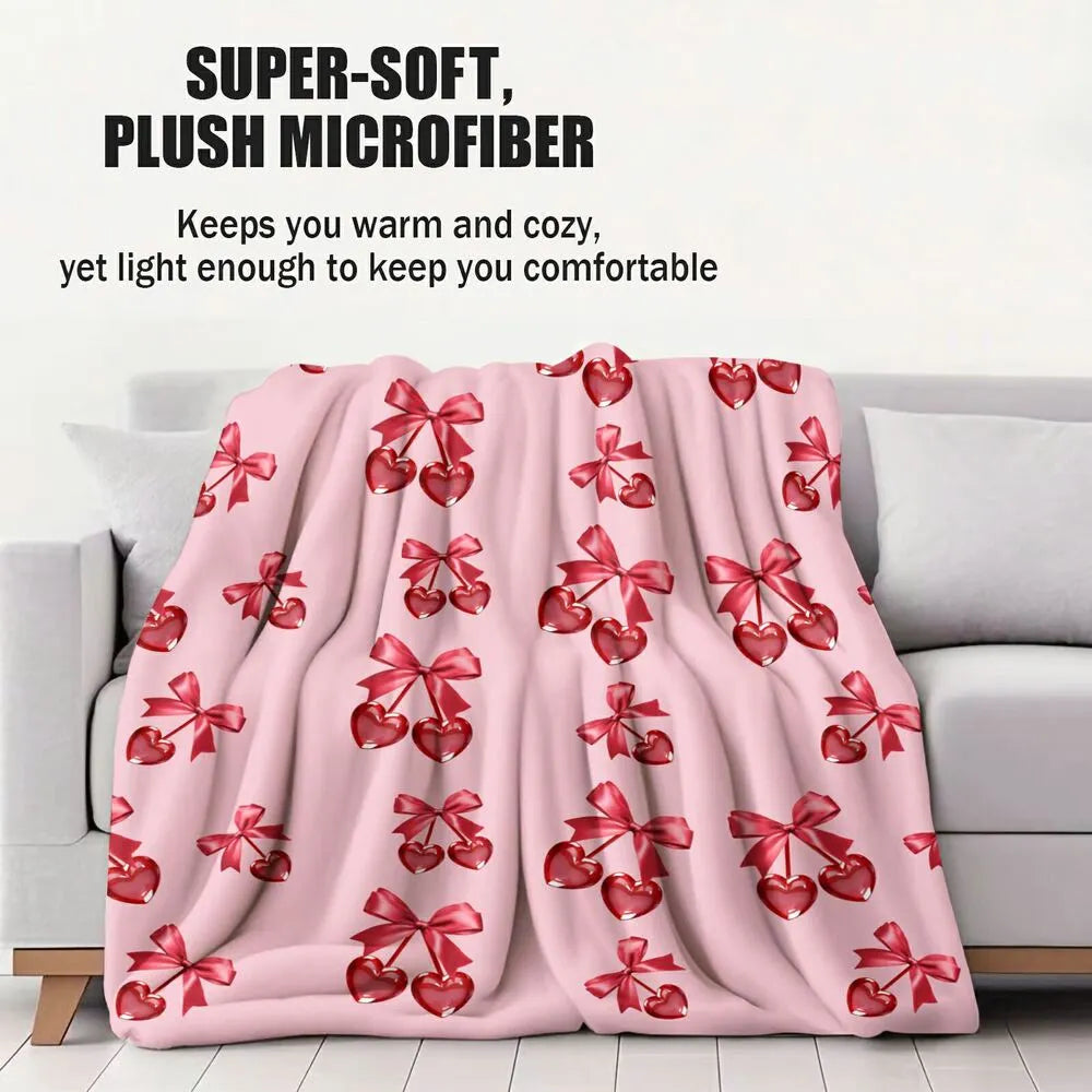 Red Bow and Heart Cherry Pattern Multipurpose Throw Blanket