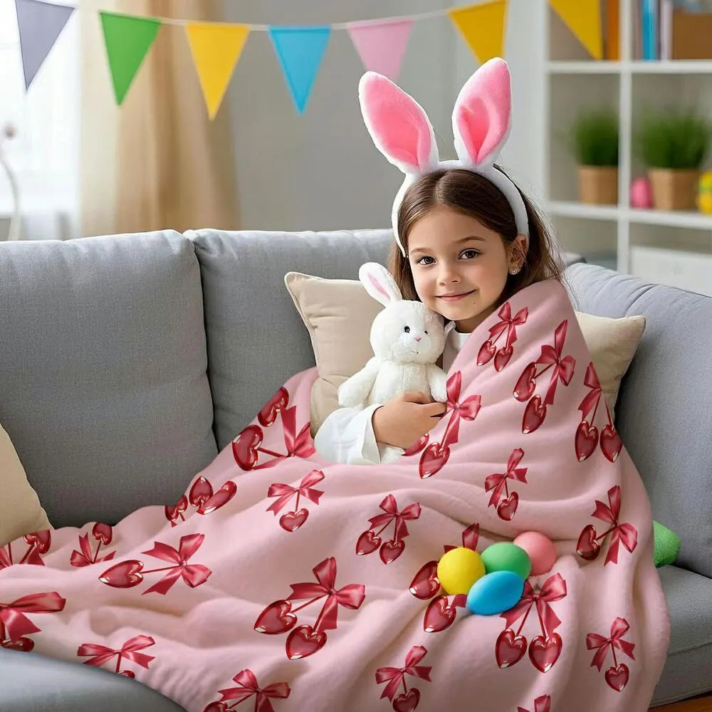 Red Bow and Heart Cherry Pattern Multipurpose Throw Blanket