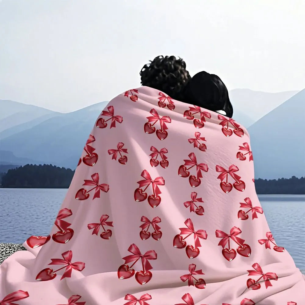 Red Bow and Heart Cherry Pattern Multipurpose Throw Blanket