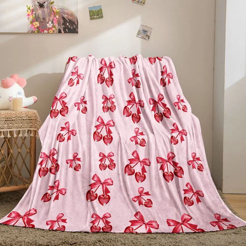 Red Bow and Heart Cherry Pattern Multipurpose Throw Blanket