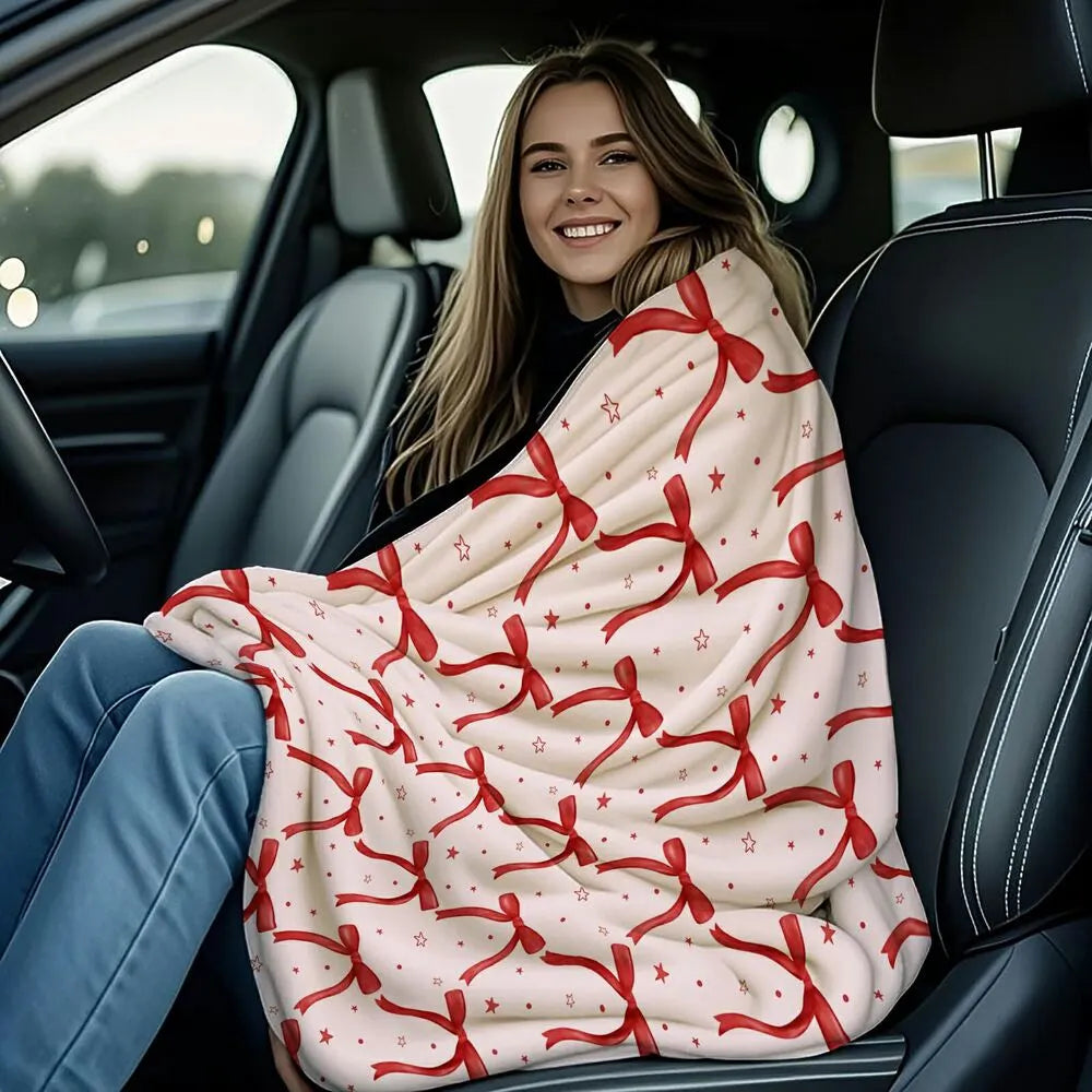 Red Bow and Star Pattern Multipurpose Throw Blanket