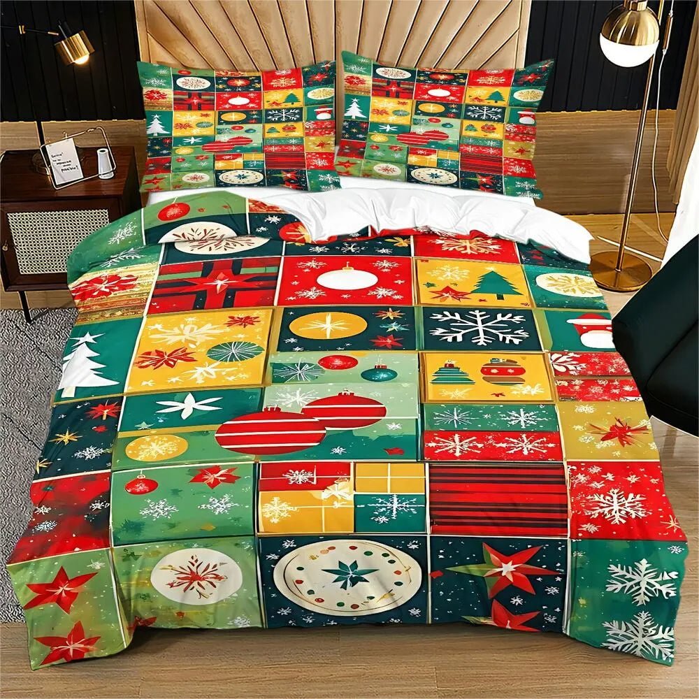 Retro Christmas Ornament Patchwork Christmas Gift Duvet Cover Set Kids Bedding Set