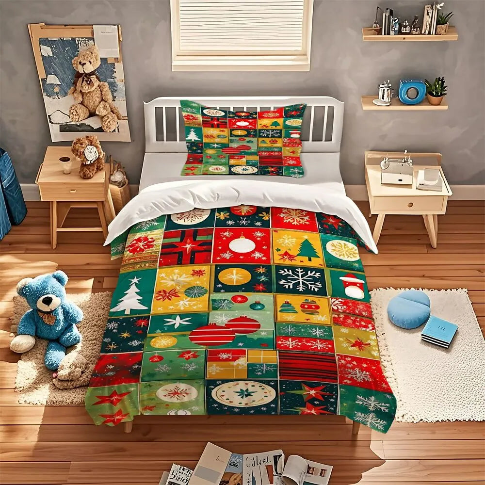 Retro Christmas Ornament Patchwork Christmas Gift Duvet Cover Set Kids Bedding Set