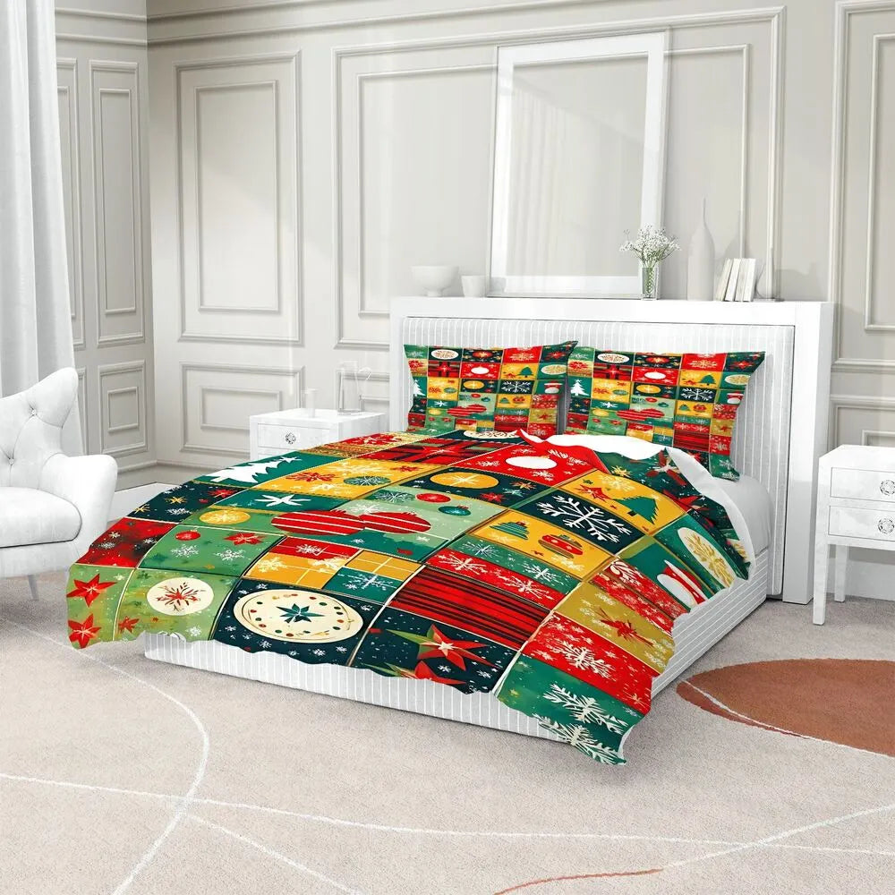 Retro Christmas Ornament Patchwork Christmas Gift Duvet Cover Set Kids Bedding Set