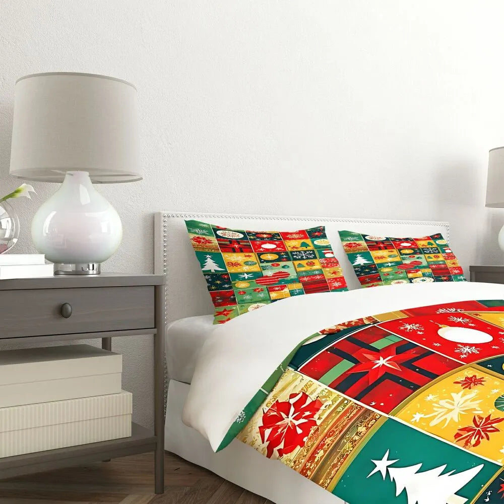 Retro Christmas Ornament Patchwork Christmas Gift Duvet Cover Set Kids Bedding Set