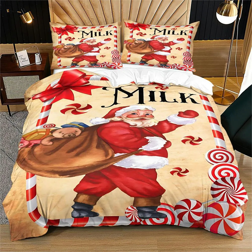 Retro Santa Milk Christmas Gift Duvet Cover Set Kids Bedding Set