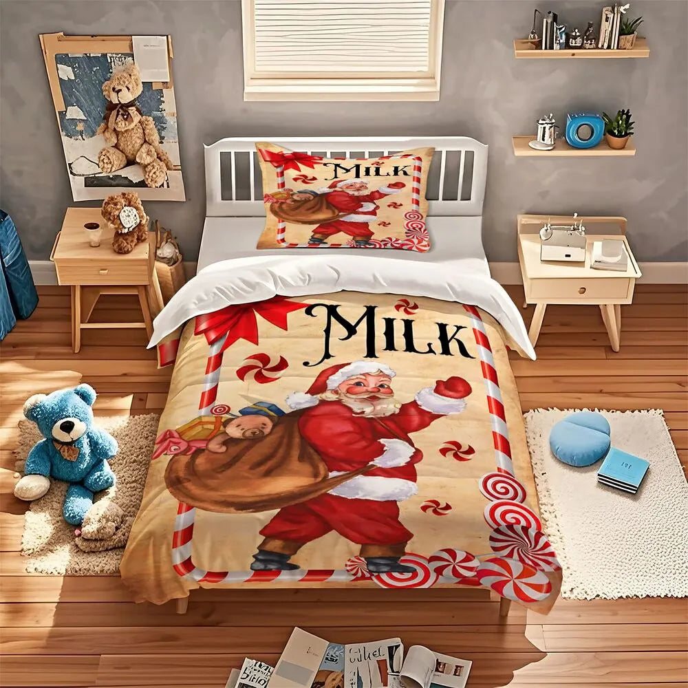 Retro Santa Milk Christmas Gift Duvet Cover Set Kids Bedding Set