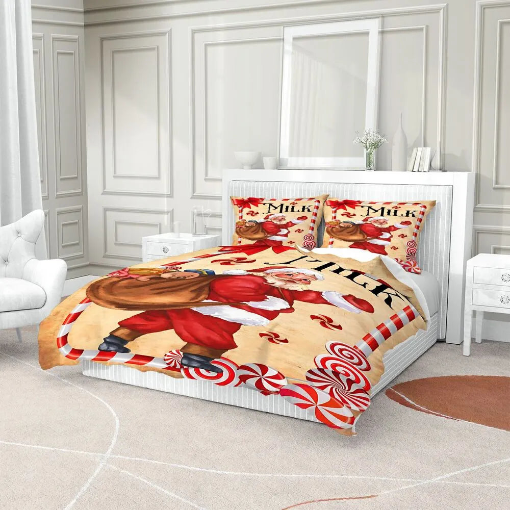 Retro Santa Milk Christmas Gift Duvet Cover Set Kids Bedding Set