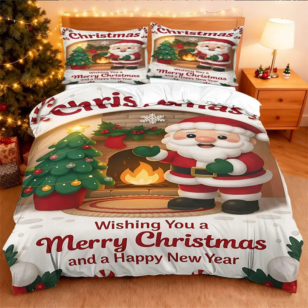 Santa Fireplace Merry Christmas Christmas Gift Duvet Cover Set Kids Bedding Set
