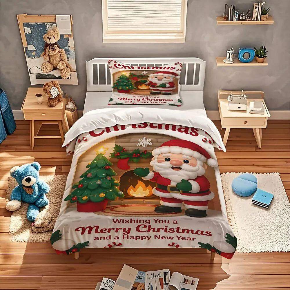 Santa Fireplace Merry Christmas Christmas Gift Duvet Cover Set Kids Bedding Set