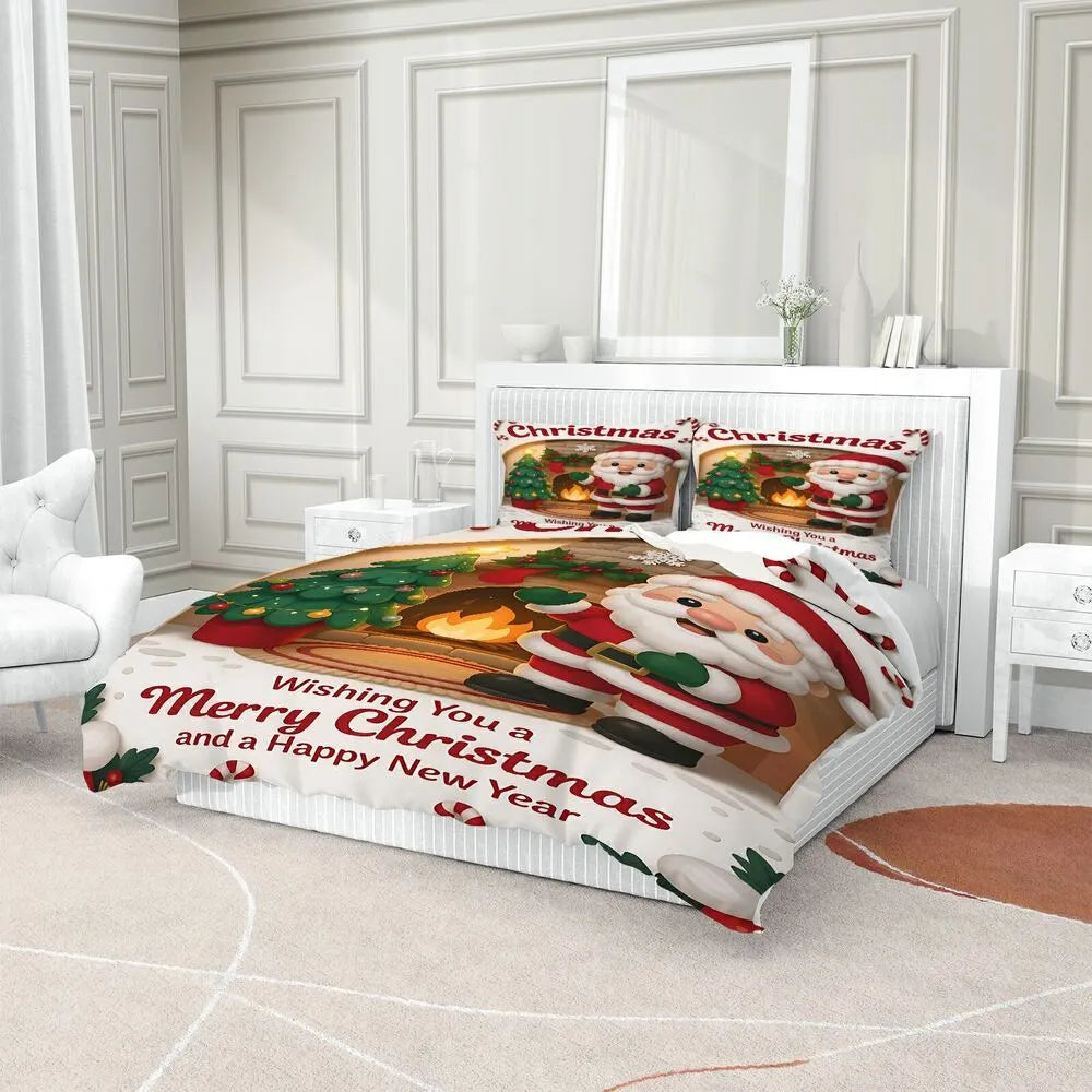 Santa Fireplace Merry Christmas Christmas Gift Duvet Cover Set Kids Bedding Set