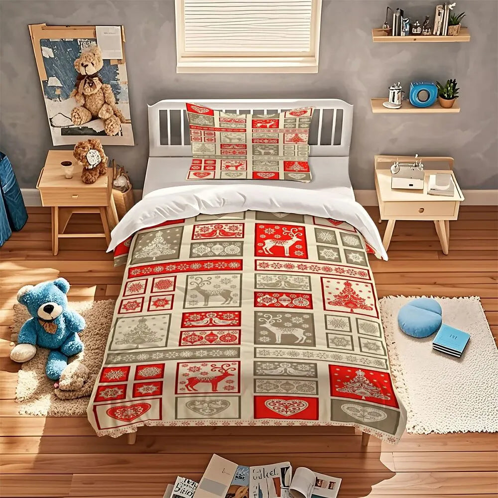 Scandinavian Christmas Reindeer Patchwork Christmas Gift Duvet Cover Set Kids Bedding Set